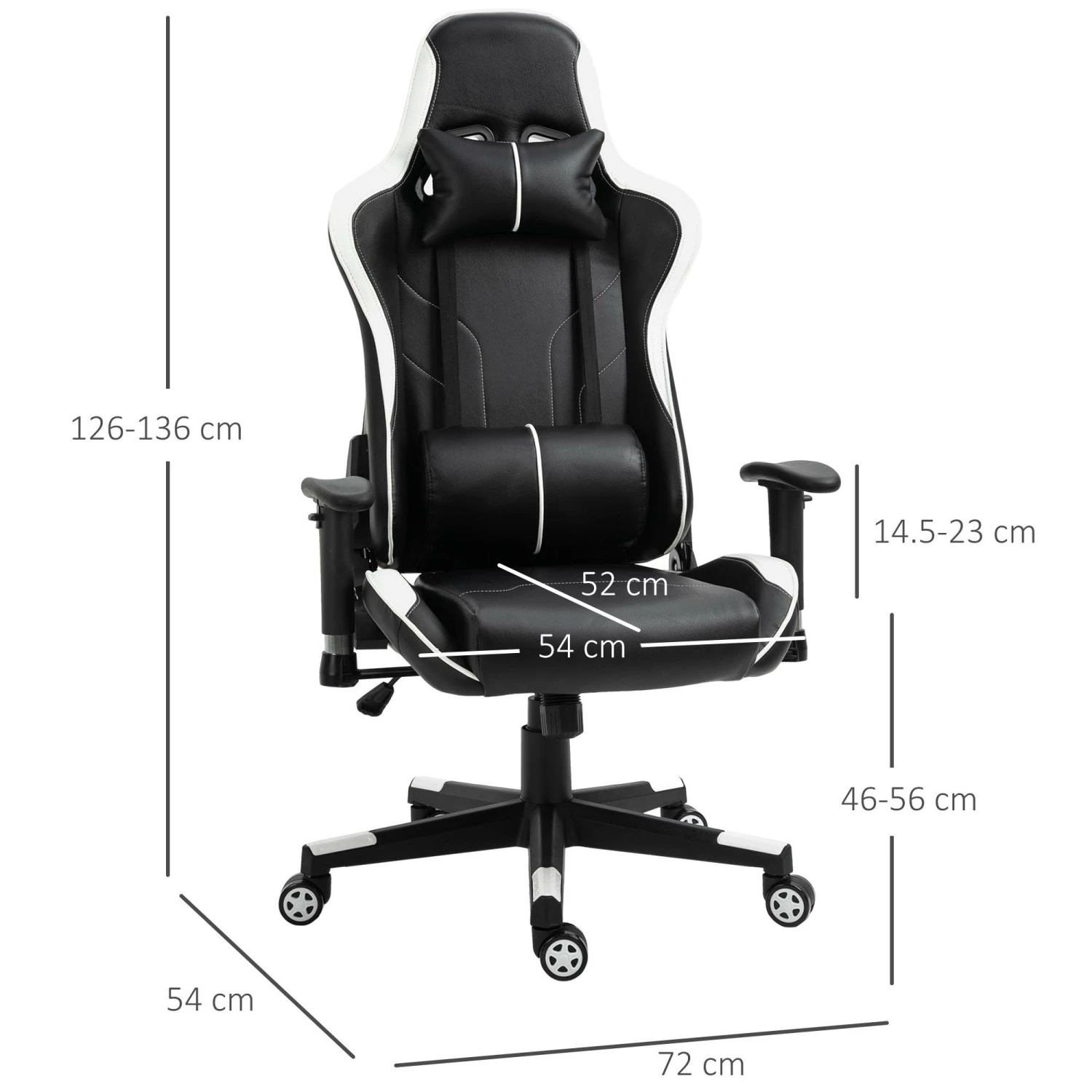 Sedia Da Gaming Ergonomica 72x54x126-136 Cm In PVC Nera E Bianco - immagine 3