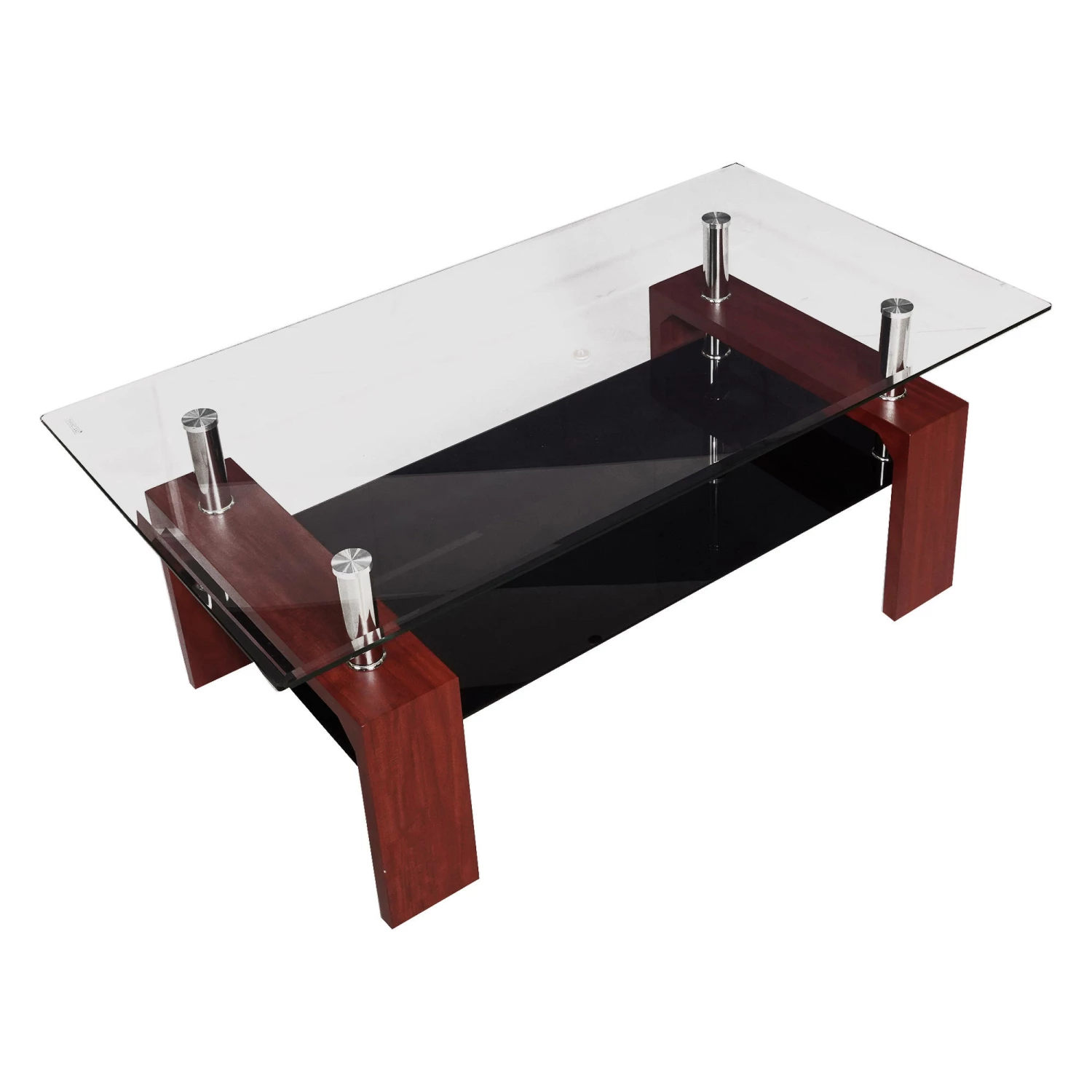 Tavolino Da Caffè Moderno, Piano In Vetro Temperato, Tavolino Da Salotto Con Ripiano, Cm 110x60h45, Colore Marrone - immagine 2