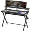 Scrivania Pc Gaming Con Piano Rialzato Per Monitor E Gancio Cuffie In MDF E Acciaio Nero 140x60x90cm