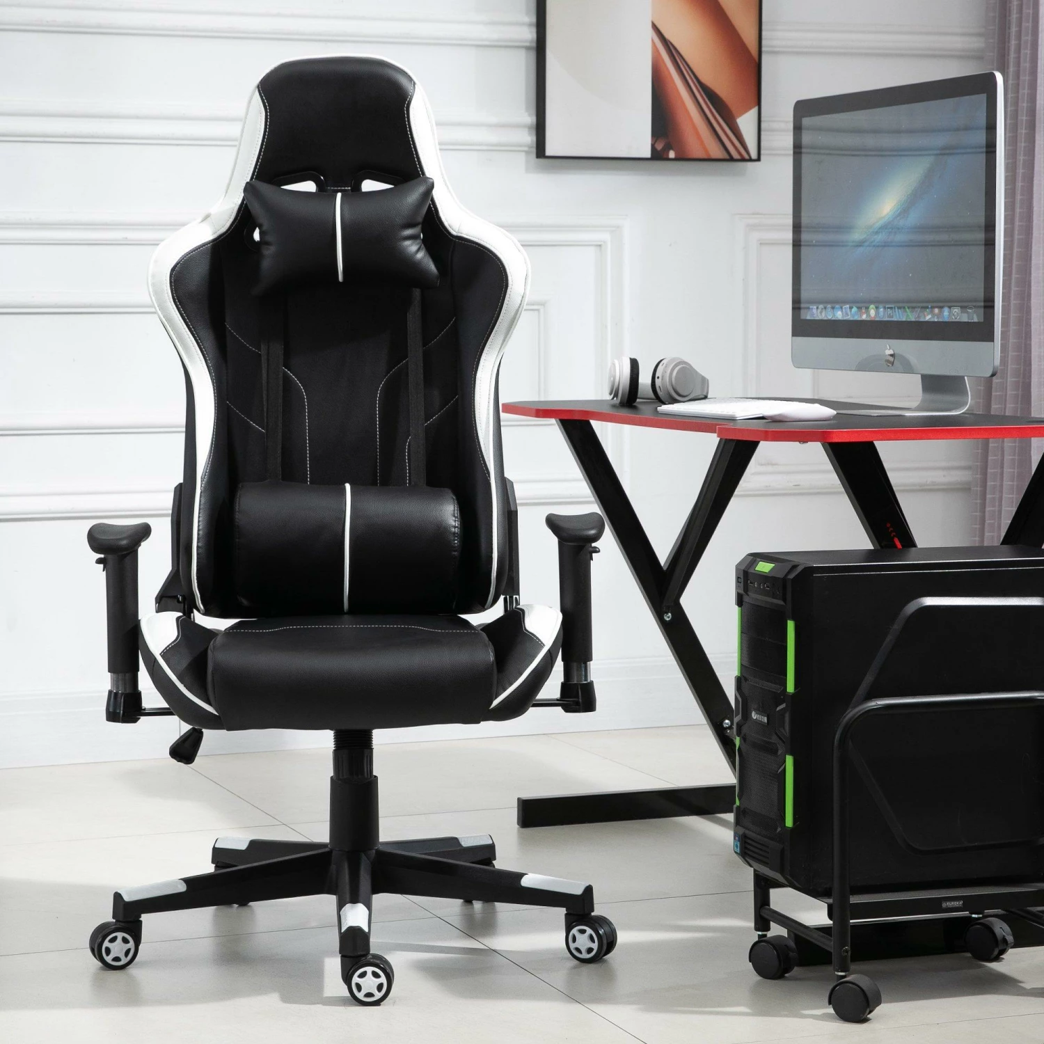 Sedia Da Gaming Ergonomica 72x54x126-136 Cm In PVC Nera E Bianco - immagine 4