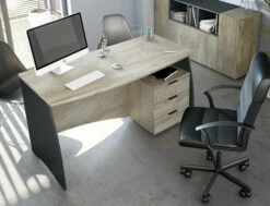 Scrivania Carrollton, Scrittoio Da Ufficio, Tavolo Da Studio Porta PC Con 3 Cassetti, Cm 136x67h74, Rovere E Antracite