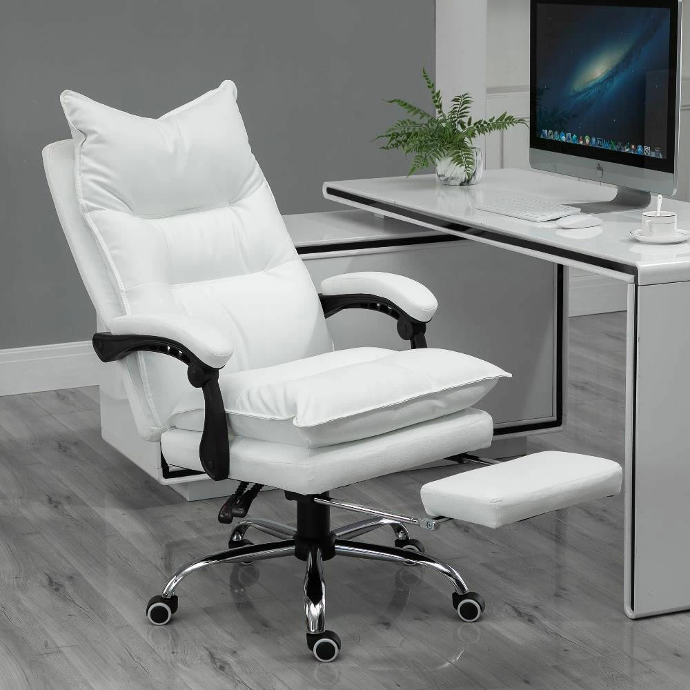No Brand Poltrona Da Ufficio In Similpelle Bianca Regolabile Reclinabile Con Poggiapiedi - immagine 2