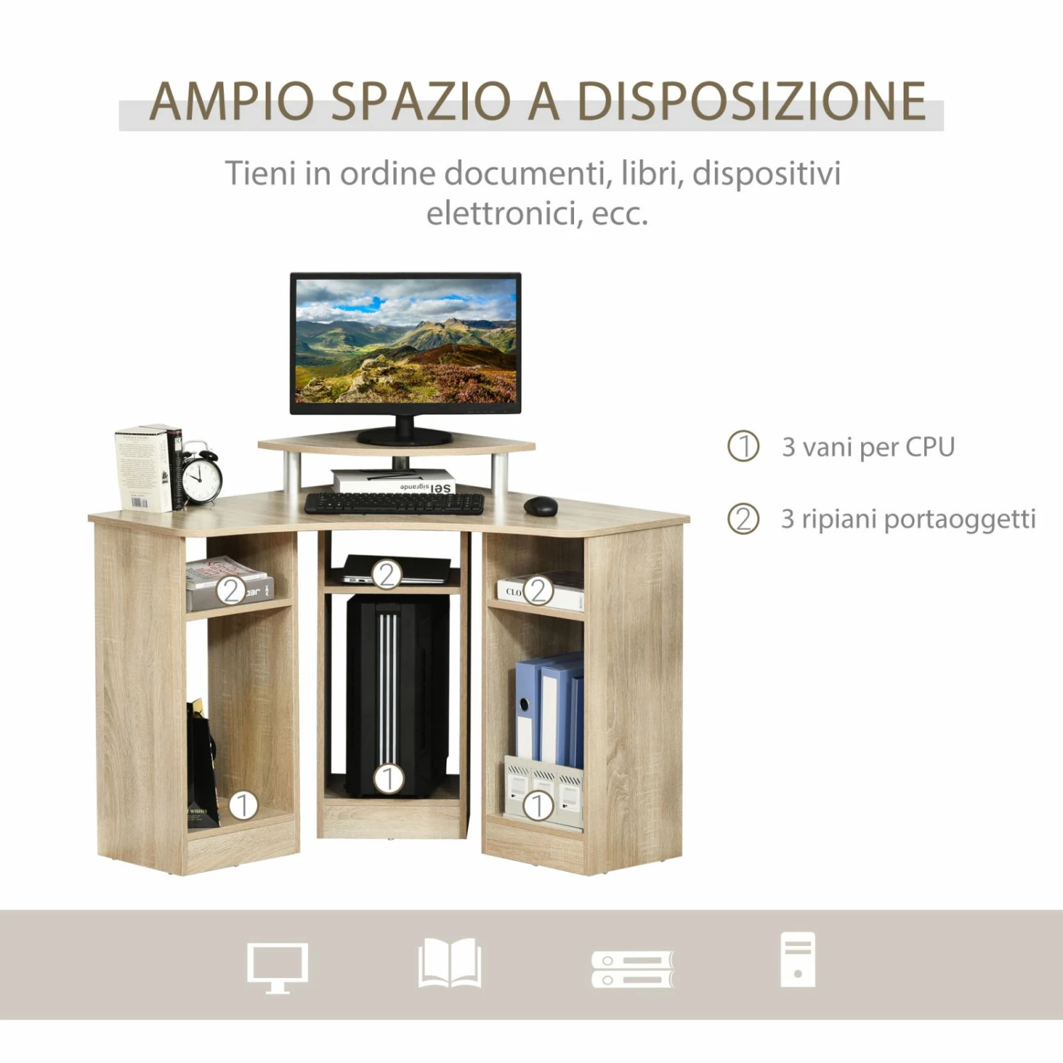 Scrivania Angolare Porta Pc Con Ripiano Per Monitor, Rovere - immagine 2