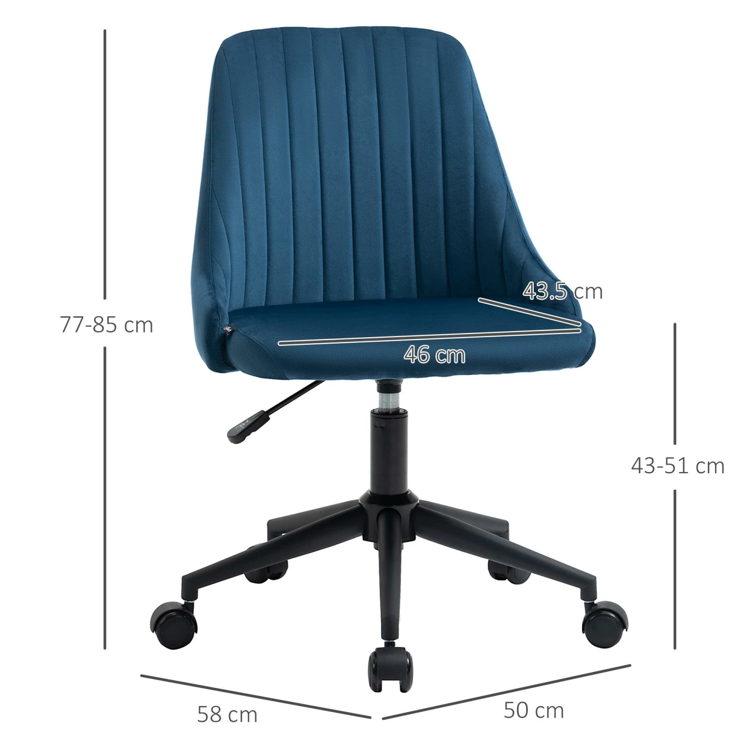 Sedia Operativa Da Ufficio 50x58x77-85 Cm In Tessuto Effetto Velluto Blu - immagine 3
