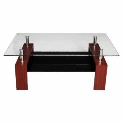 Tavolino Da Caffè Moderno, Piano In Vetro Temperato, Tavolino Da Salotto Con Ripiano, Cm 110x60h45, Colore Marrone