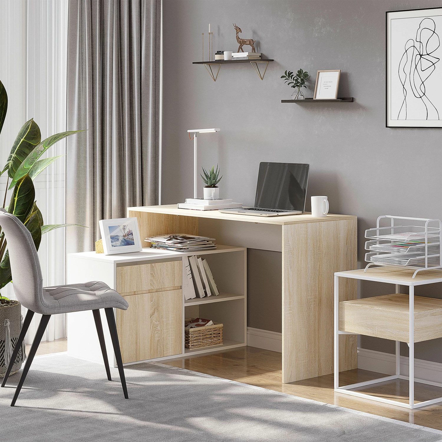 Scrivania Angolare Da Ufficio 120x92x75,5 Cm In Legno Rovere E Bianco - immagine 2