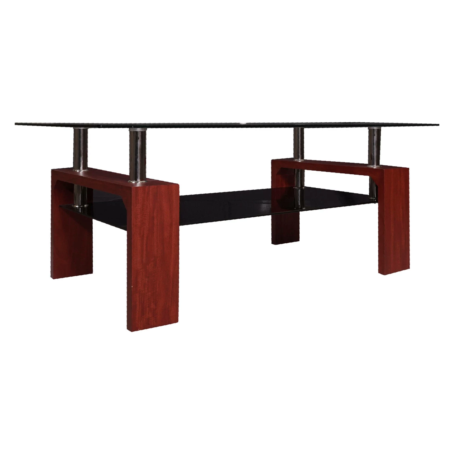 Tavolino Da Caffè Moderno, Piano In Vetro Temperato, Tavolino Da Salotto Con Ripiano, Cm 110x60h45, Colore Marrone - immagine 4