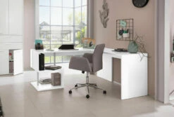 Scrivania Moderna Ad Angolo Con Gamba "S", Finitura Bianca Lucida, ZTC20614225