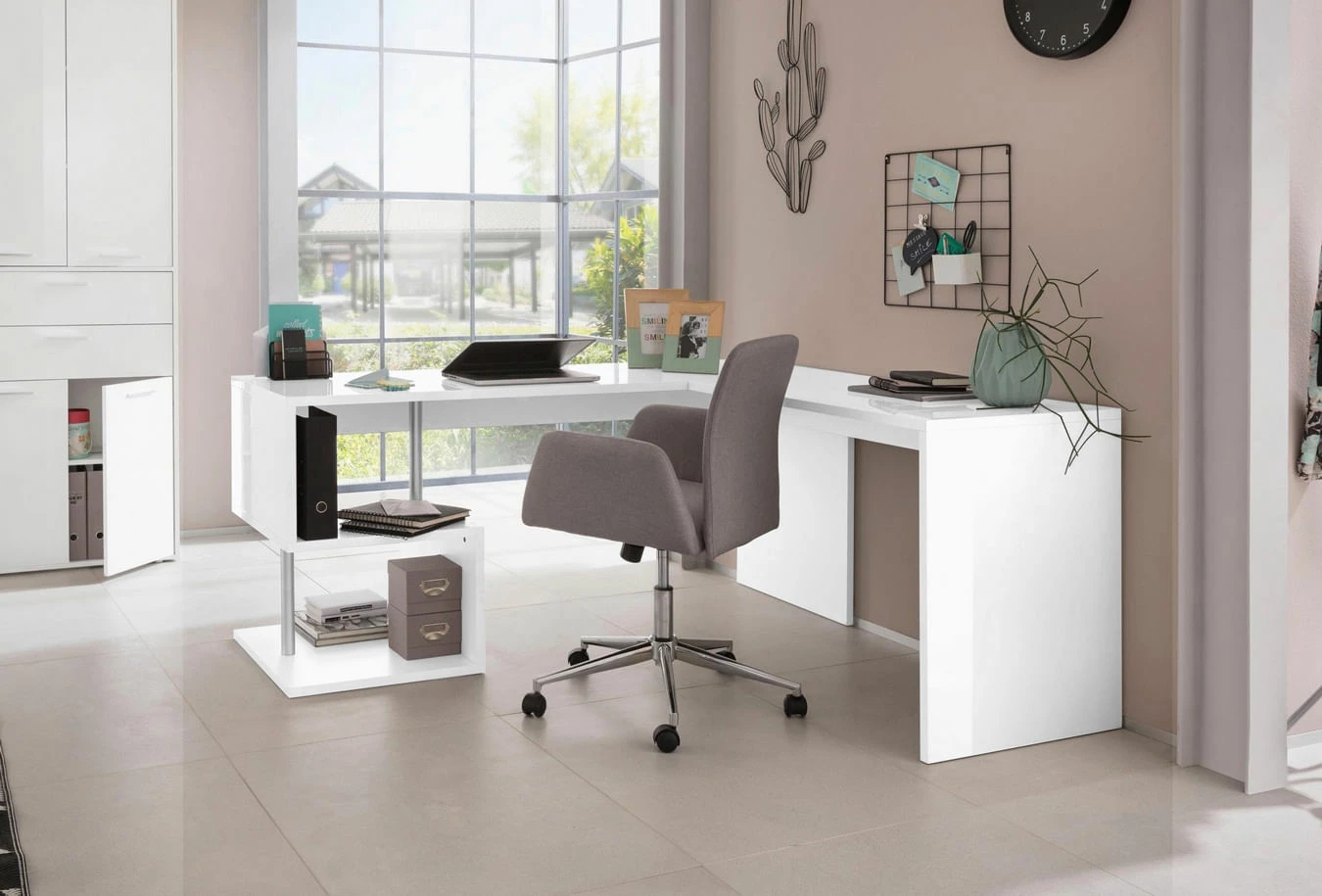 Scrivania Moderna Ad Angolo Con Gamba "S", Finitura Bianca Lucida, ZTC20614225