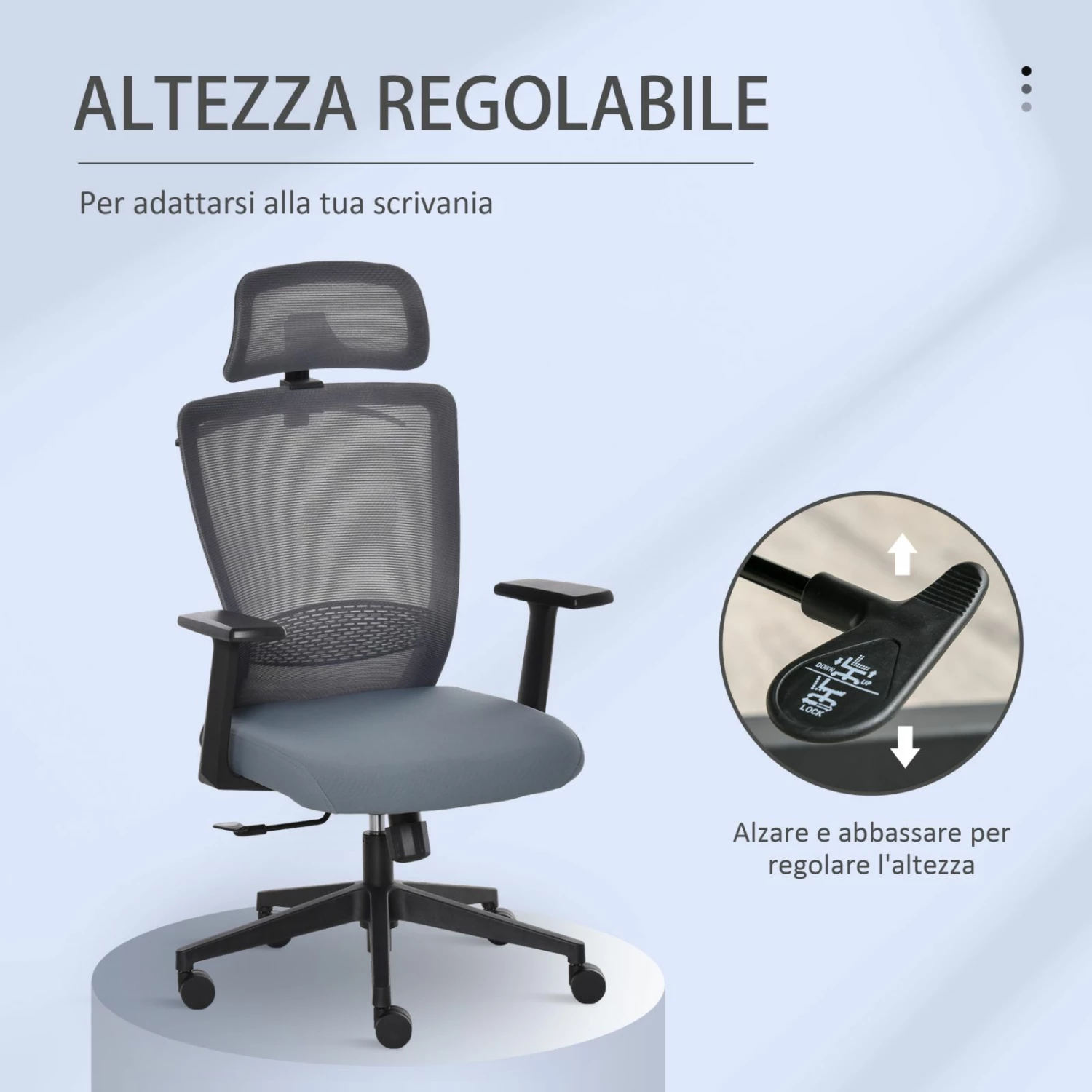 Sedia Da Ufficio Ergonomica Altezza Regolabile, Supporto Lombare E Poggiatesta, Gruccia Integrata Grigio - immagine 3