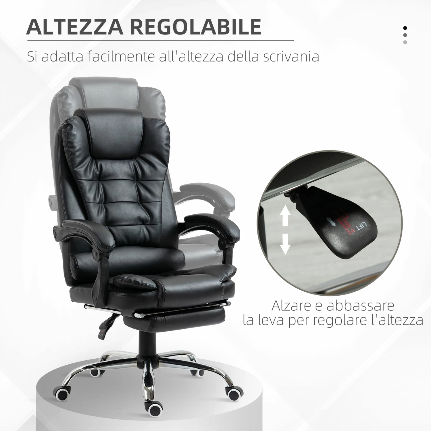 Sedia Poltrona Da Ufficio Presidenziale 64,5x69x117-127 Cm In Similpelle Nero - immagine 4