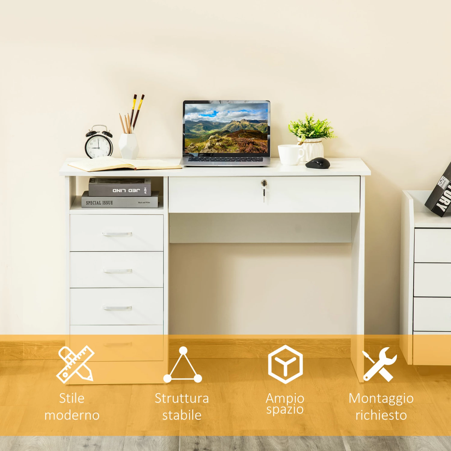 Scrivania Da Ufficio 110x50x76 Cm 5 Cassetti In Legno Bianco - immagine 6