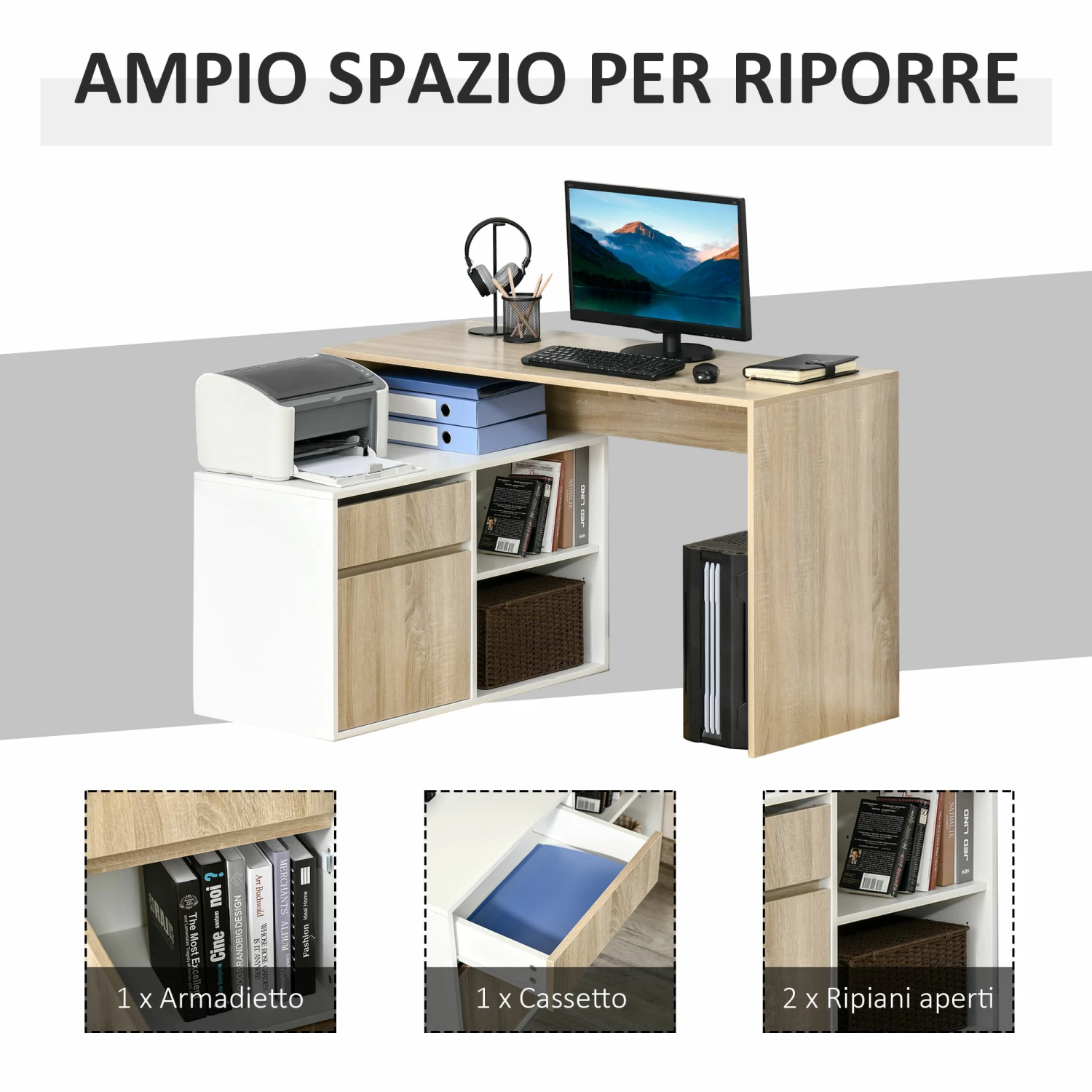 Scrivania Angolare Da Ufficio 120x92x75,5 Cm In Legno Rovere E Bianco - immagine 4