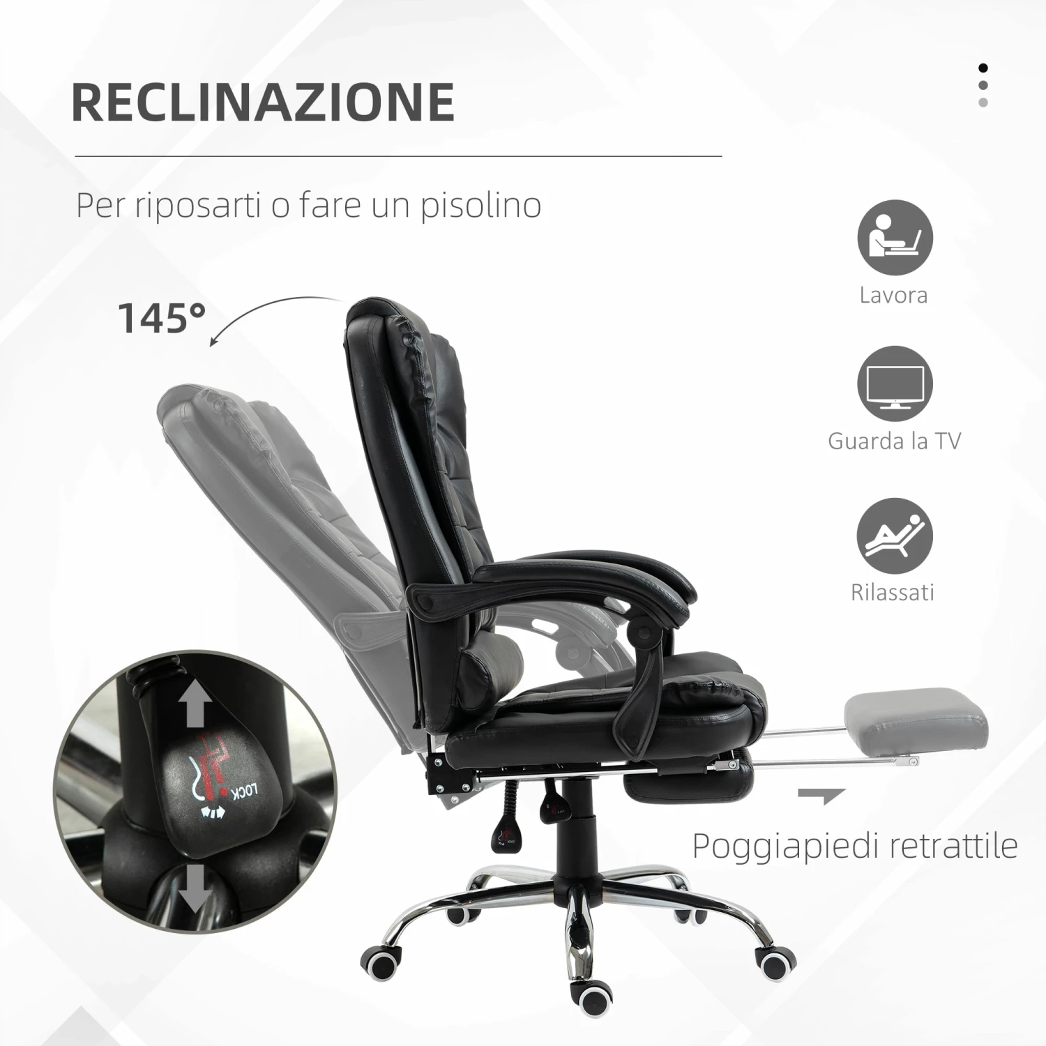 Sedia Poltrona Da Ufficio Presidenziale 64,5x69x117-127 Cm In Similpelle Nero - immagine 5
