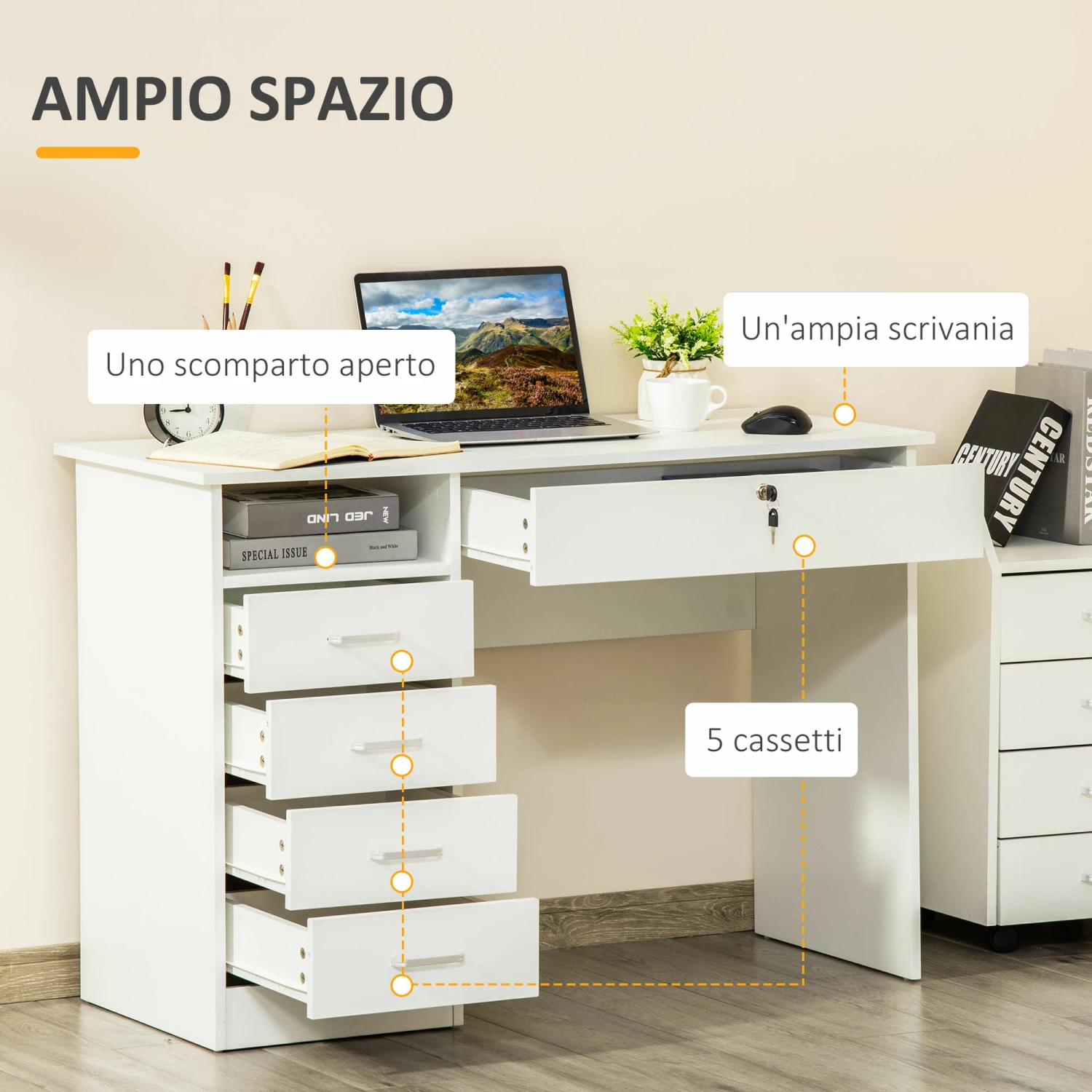 Scrivania Da Ufficio 110x50x76 Cm 5 Cassetti In Legno Bianco - immagine 4