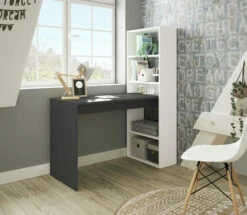 Scrivania Denton, Scrittoio Reversibile Con Libreria A 5 Ripiani, Tavolo Da Studio O Ufficio Porta PC Portalibri, Cm 120x53h144, Bianco E Antracite