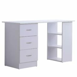 Scrivania Da Ufficio Con 3 Cassetti E Ripiani In Legno Bianco 120x49x72 Cm