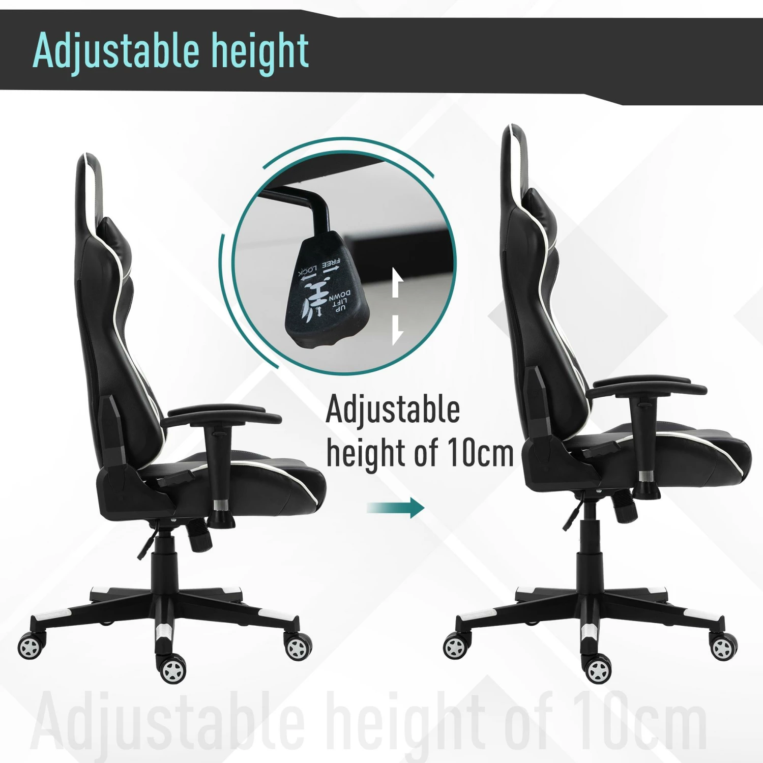 Sedia Da Gaming Ergonomica 72x54x126-136 Cm In PVC Nera E Bianco - immagine 8