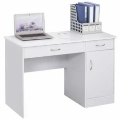 Scrivania Classica Da Ufficio Con 2 Cassetti E Armadietto In Legno Bianco