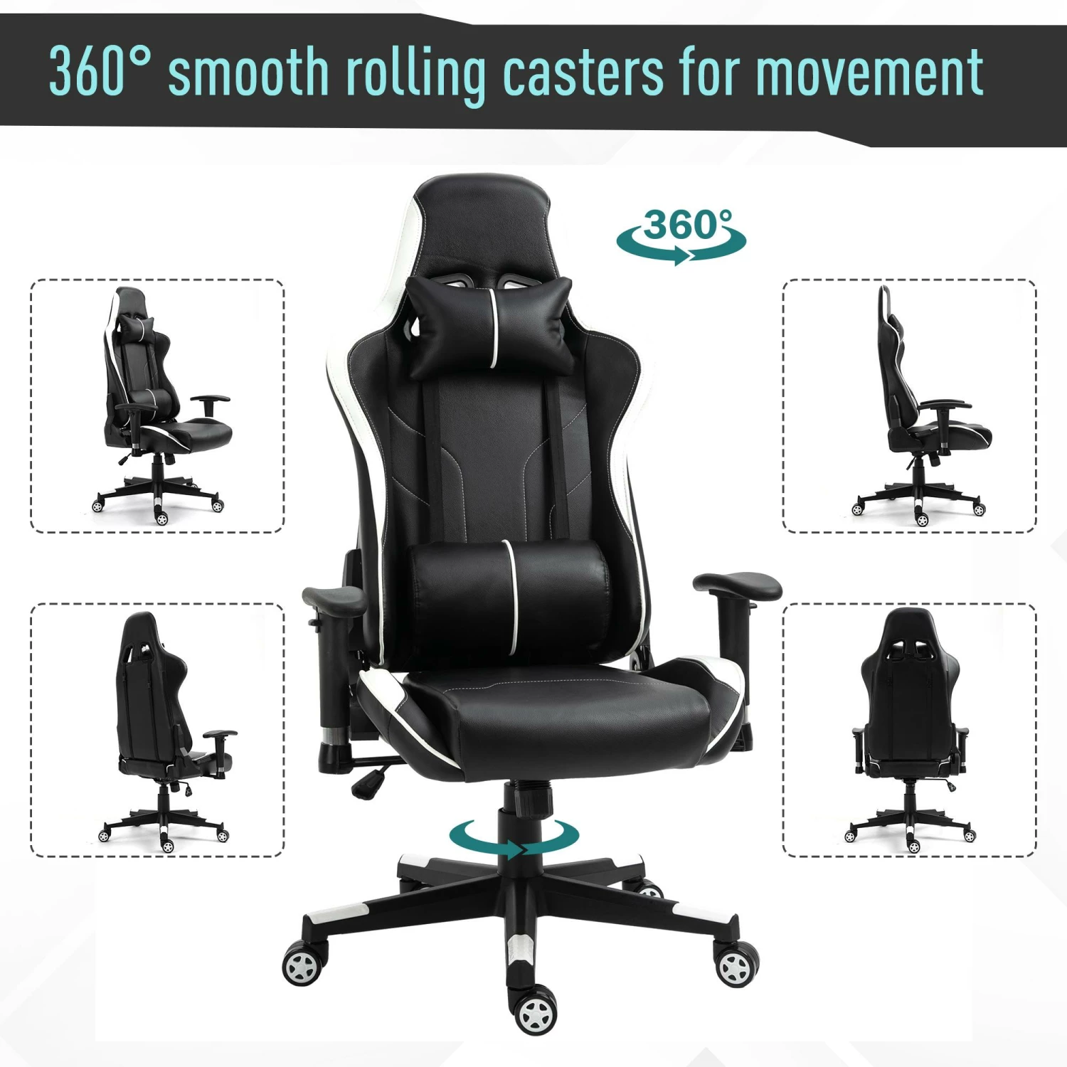 Sedia Da Gaming Ergonomica 72x54x126-136 Cm In PVC Nera E Bianco - immagine 6