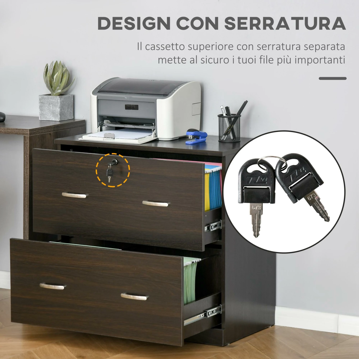 Cassettiera Portadocumenti 74x42x72 Cm 2 Cassetti Con Chiavi In Truciolare Noce - immagine 6