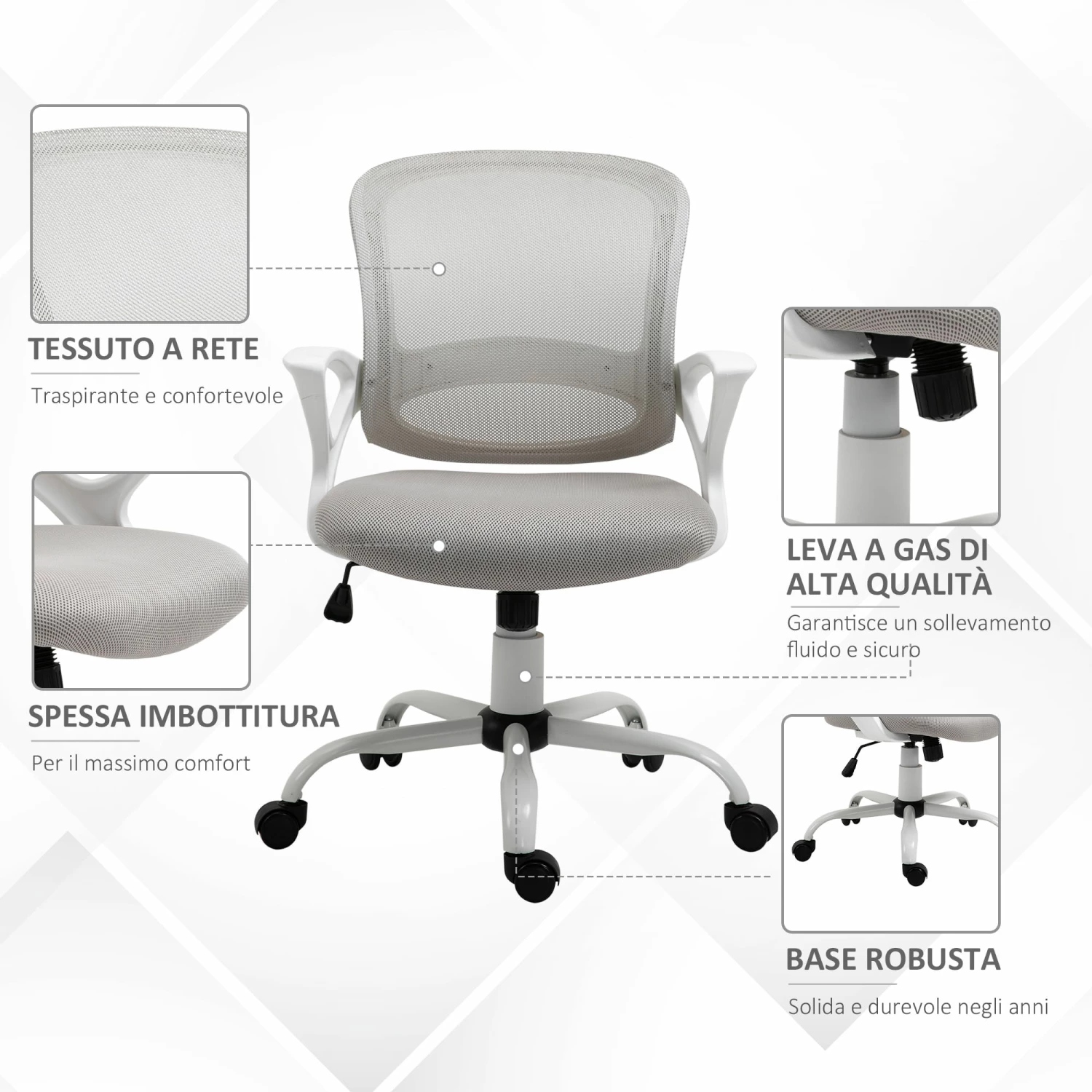Sedia Poltrona Operativa Da Ufficio 61x61x89-99 Cm In Tessuto Grigio - immagine 8