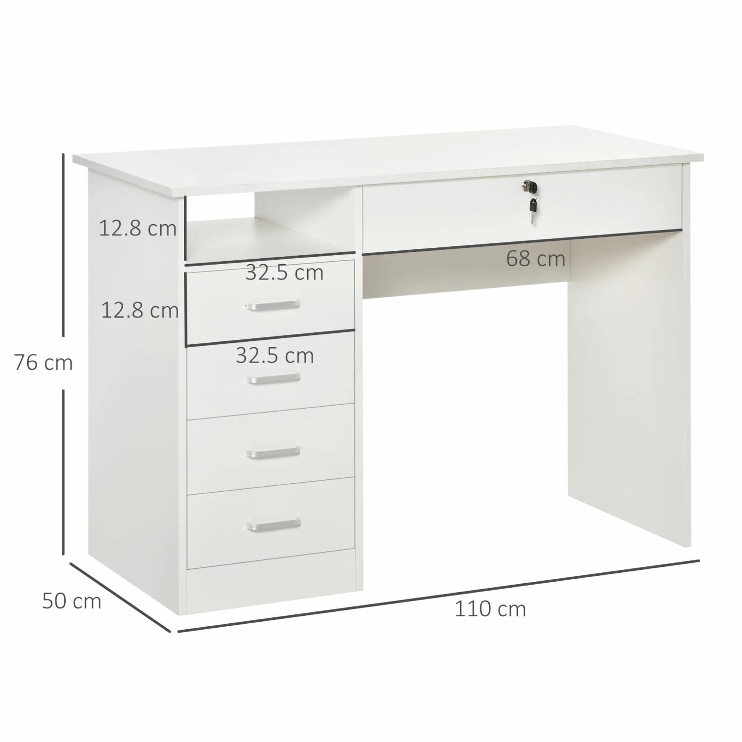 Scrivania Da Ufficio 110x50x76 Cm 5 Cassetti In Legno Bianco - immagine 3