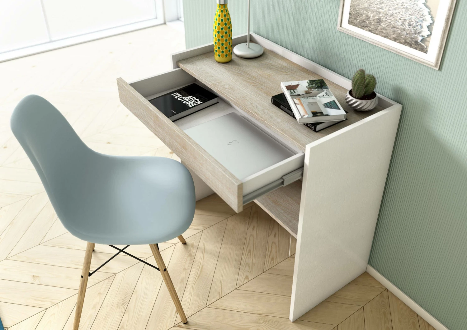 Scrivania Clematide, Scrittoio Moderno Con Cassetto, Tavolo Da Studio O Ufficio Porta PC Portalibri, Made In Italy, Cm 80x40h79, Bianco E Rovere - immagine 3