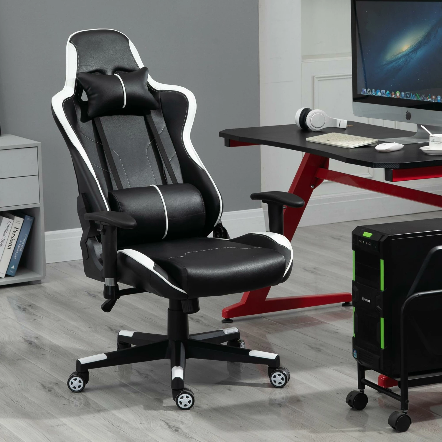 Sedia Da Gaming Ergonomica 72x54x126-136 Cm In PVC Nera E Bianco - immagine 2